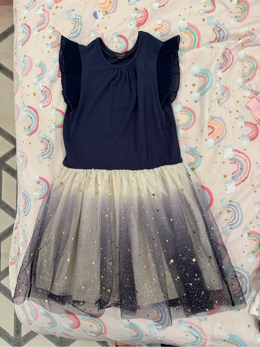 Imoga Navy Sleeveless Dress with Gold Star Ombre Tulle Skirt